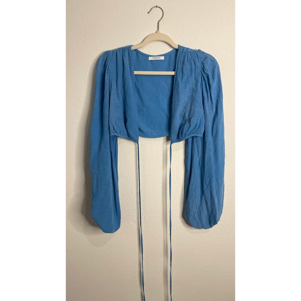 Peppermayo Blue Cropped Tie Front Top Long Sleeve Size US 2